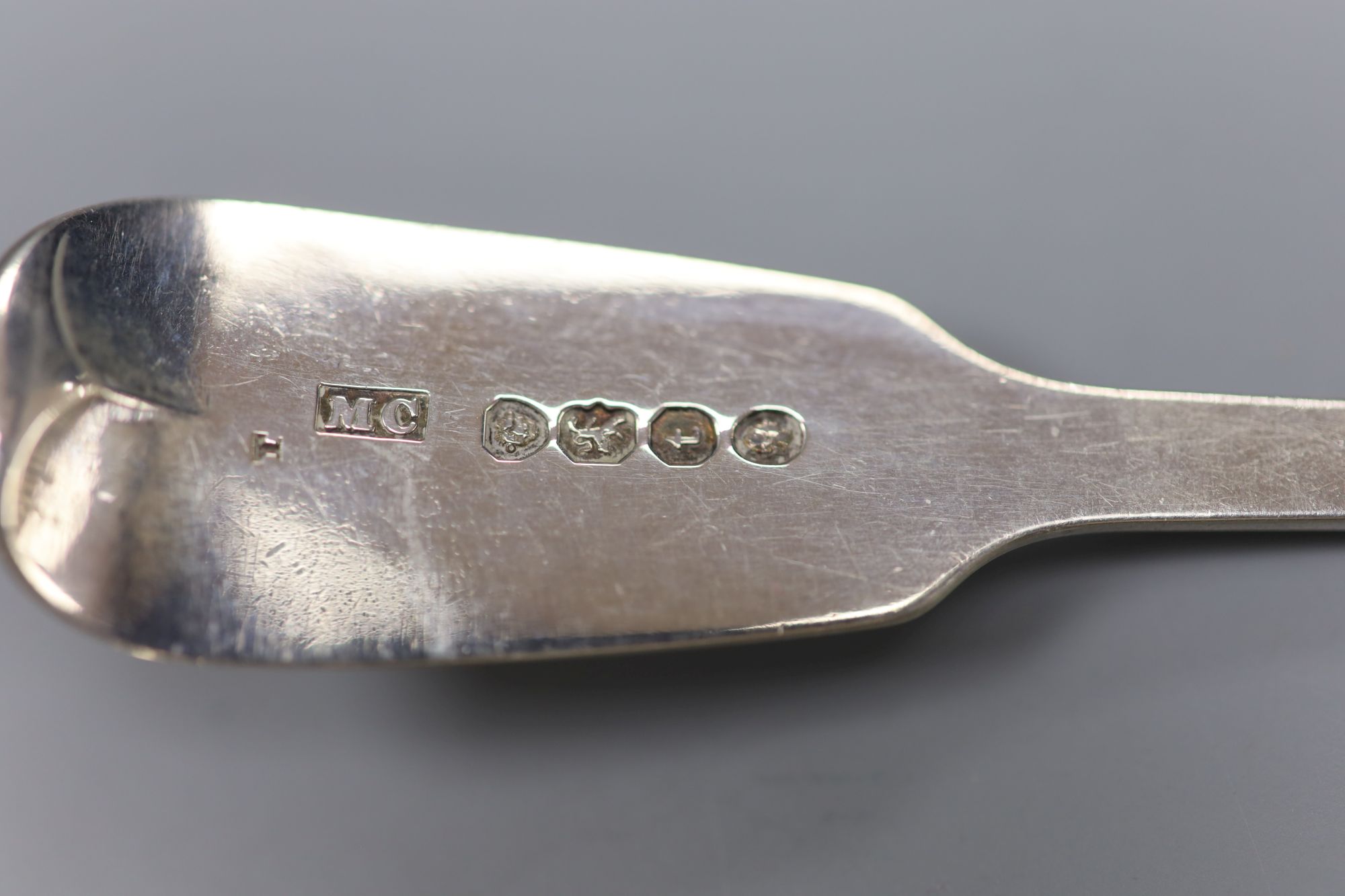 A pair of William IV silver fiddle pattern sauce ladles, Mary Chawner, London, 1834, 4oz.